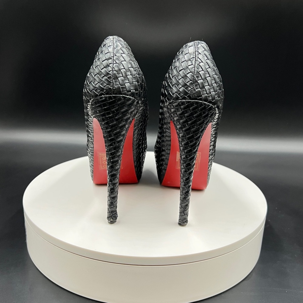 Black Weaved Platform Machi Heels with Red Bottoms - Picture 4 of 4